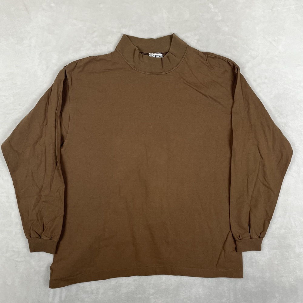 Vintage Key Elements Blank Long Sleeve T-Shirt Mens L Brown Mock Neck Made USA